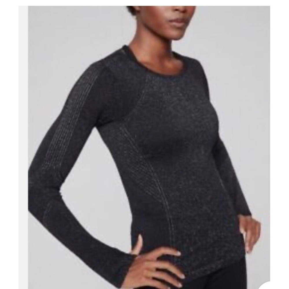 Athleta Flurry Shine Top Lg Black Excellent Sparkle Seamless Long Sleeve 383765